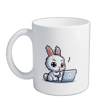 Imagem de Caneca Xícara de Café Porcelana 300ml Com Desenho de Coelho e Laptop