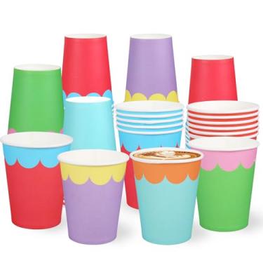 Imagem de JarThenaAMCS 60 peças de copos de papel arco-íris 255.1 g copos de café descartáveis coloridos recortados para aniversário, chá de bebê, festas, suprimentos