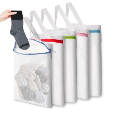 Imagem de Pacote com 5 sacos de roupa pendurados de malha com ganchos de metal S, meias penduradas de 25 x 30 cm, sacos de lavanderia, máquina de lavar, para armazenamento de bolas, viagens, brinquedos