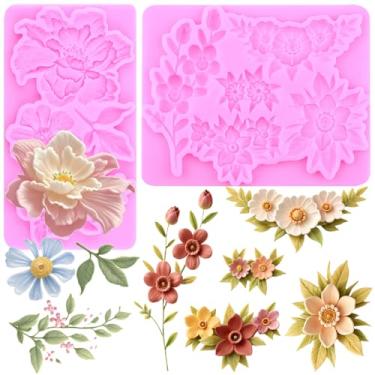 Imagem de MIYAHOUSE Molde de silicone para fondant de flores para decoração de bolos, topo de cupcake, pasta de goma de chocolate, argila de polímero, conjunto de 2