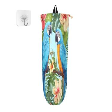 Imagem de Papagaios em folhas de palmeira e flores, pacote com 2 porta-sacolas de compras, suporte de bolsa de parede