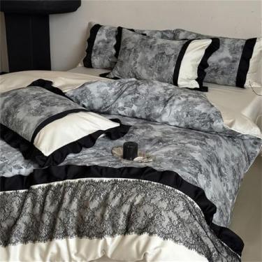 Imagem de Conjunto de cama vintage com estampa de rosas em jacquard, capa de edredom e lençol de baixo em algodão escovado, estilo 1, lençol de baixo de 1,5 m.