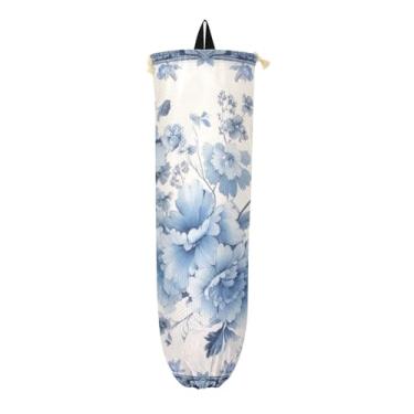 Imagem de Tapete azul e branco com organizador de sacolas plásticas de mercearia floral, parede de dispensador de sacolas de supermercado, armazenamento de saco plástico de cozinha