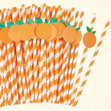 Imagem de 40 PÇS Canudos de papel descartáveis canudos de papel listrados de frutas laranja para artigos de festa de aniversário outono outono casamento decoração de chá de bebê, 0,24 x 7,76 polegadas