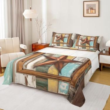 Imagem de Jogo de lençol casal com estrela do oeste do Texas, vintage, prancha, madeira, decoração de quarto de meninas e adultos, caubói tribal rústico casa de fazenda marrom retrô 4 peças (elástico + plano +
