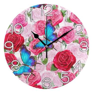 Imagem de GAIGEO Relógio de parede decorativo analógico quarto cozinha relógio operado por bateria silencioso, retrô moderno art déco decoração de parede rosas vermelhas rosas borboletas azuis, 25 cm, ponteiros