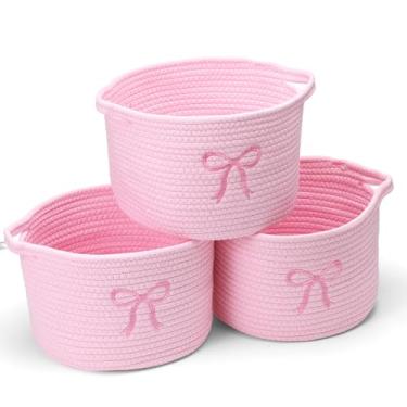 Imagem de Vesici 3 cestas pequenas com laço rosa, laço coquete, cesta de armazenamento de corda de algodão, 24 x 18 cm, organizador de roupas com alças para brinquedos, organização de roupas, berçário, quarto