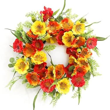 Imagem de Huashen Guirlandas de primavera e verão para porta da frente, guirlanda floral de verão para porta da frente, varanda, parede de casa, guirlanda de verão de 61 cm com flores de papoula e folhas verdes