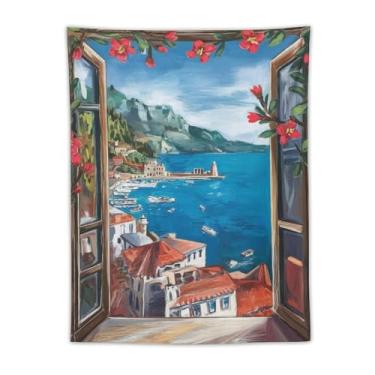Imagem de Tapeçaria com vista de janela costeira cidade litorânea flores vermelhas flores barcos cênica paisagem mediterrânea arte decoração de parede para sala de estar quarto casa 76 x 101 tapeçaria