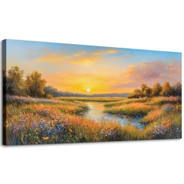 Imagem de SLYCAY Impressões de arte de parede em tela grande pôr do sol dourado, pinturas de paisagem do pântano da natureza, decoração de parede, imagens de flores silvestres do rio prado, decoração de casa de