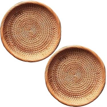 Imagem de chicapica Cesta de servir de vime redonda feita à mão, bambu natural, 22 cm de diâmetro, estilo tradicional, estampa decorativa, tigela tecida à mão para frutas, pão, peça central, 2 peças