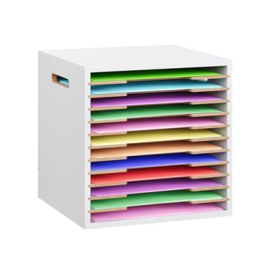 Imagem de ToBeAce Organizador de armazenamento de papel para scrapbook de 30,5 x 30,5 cm, de madeira, organizador de arquivos de mesa de 12 camadas com alça, suporte empilhável para classificador de papel com