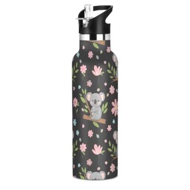 Imagem de Garrafas de água de aço inoxidável isoladas de 590 ml com tampa de canudo para bebidas frias ou quentes, lindos coalas de desenho animado flores pastel, parede dupla, à prova de vazamento, copos