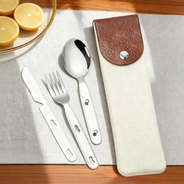 Imagem de Conjunto de utensílios de acampamento prata 3 em 1 com bolsa de transporte – Conjunto de facas de garfo de colher, talheres de aço inoxidável 430 para caminhadas, atividades ao ar livre e viagens