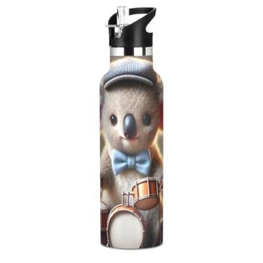 Imagem de Garrafa de água esportiva isolada para adolescentes, fofo coala vívido de 590 ml, parede dupla, à prova de vazamento, copos de água de aço inoxidável para crianças com tampa de canudo