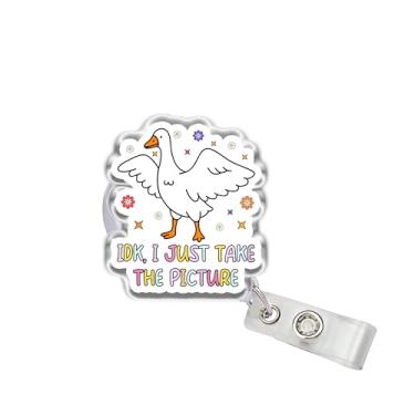 Imagem de OKOMCM IDK, Carretel retrátil para crachá I Just Take The Picture, Silly Goose Size 5 cm, clipe de cinto, suporte de crachá de identificação de acrílico, cordão de crachá de animal engraçado fofo