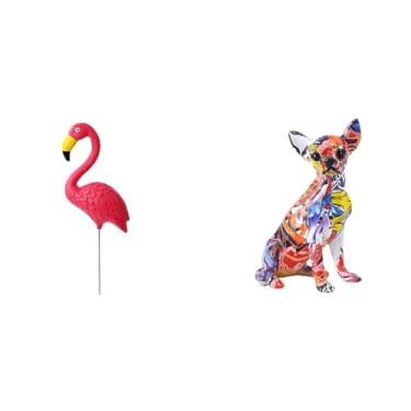 Imagem de Whtkoph Escultura de Jardim de Flamingo E Chihuahua, Ornamento Decorativo de Natal para a Primavera, Estatueta Colorida de Cachorrinho, Acessório Artístico Pa