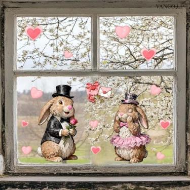 Imagem de 1 peça adesivos de janela de Páscoa adesivos de janela de coração rosa coelho dia dos namorados adesivos reutilizáveis fofos para vidro, decoração de parede de sala de casa suprimentos