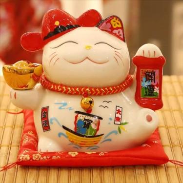 Imagem de FENNYYAR Boné vermelho Maneki Neko Yuanbao Ornamento de porcelana, 13 cm 12,7 cm, estátua de decoração de casa de gato rico