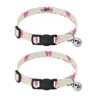 Imagem de SEHANY Conjunto de 2 coleiras de cachorro com laço rosa fofo, fivela de plástico resistente, leve, macia e leve, com sino pequeno, coleiras personalizadas com nome de animal de estimação para meninos
