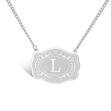 Imagem de VASSAGO Colar de fivela de cinto com letra inicial para mulheres e homens, pingente de pingente em relevo de aço inoxidável delicado joia personalizada presente, Adjustable, Aço inoxidável, Sem Pedra