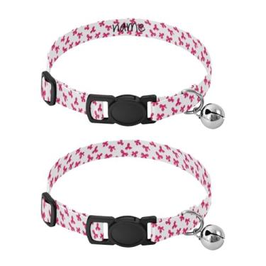 Imagem de SEHANY Conjunto de 2 coleiras de cachorro com laço rosa fofo, fivela de plástico resistente, leve, macia e leve, com sino pequeno, coleiras personalizadas com nome de animal de estimação para meninos