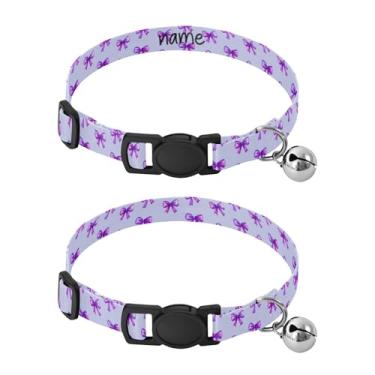 Imagem de SEHANY Conjunto de 2 coleiras de cachorro com laço roxo fofo, fivela de plástico resistente, leve, macia, com sino pequeno, coleiras personalizadas com nome de animal de estimação para meninos e