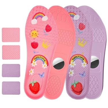 Imagem de 2 pares de palmilhas ocultas compatíveis com AirTag – Dispositivo de rastreamento de almofada macia antiderrapante cortável para crianças/estampa de desenho animado fofo (rosa e roxo, 10,5 criança