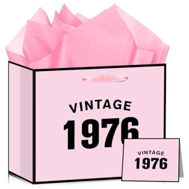 Imagem de Wauprant Bolsa rosa de presente de aniversário de 50 anos para mulheres, bolsa de presente de feliz aniversário de 50 anos com papel de embrulho e cartão de felicitações, vintage, saco de papel 1976