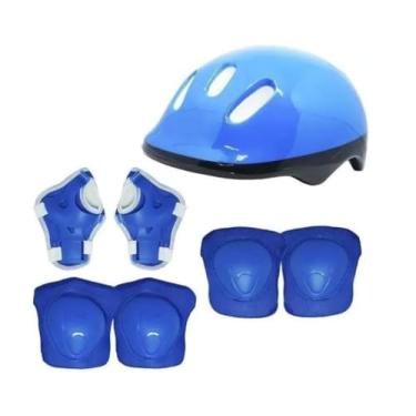 Imagem de Kit de Proteção Infantil 7 Peças com Capacete Joelheiras Cotoveleiras e Munhequeiras Tamanho P 48-52cm para Patins Skate Bicicleta Patinete Azul Ajustável e Confortável