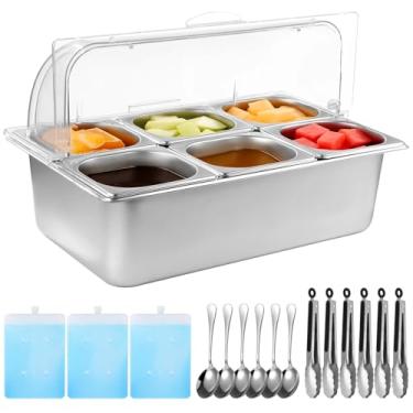 Imagem de Bandeja de exibição de comida de gelo, recipiente de condimento refrigerado de bancada com 6 panelas e tampa flip, barra de salada portátil com pinças, colheres e bolsas de gelo para buffets, festas