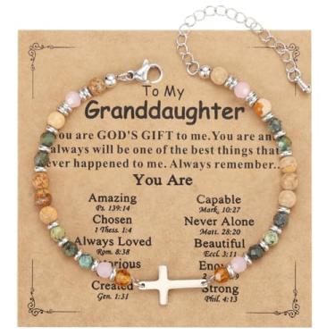 Imagem de Emibele Pulseira de cruz cristã para mulheres, pulseiras de contas de cruz religiosa com pedra natural, joias de fé cristã religiosa, presentes exclusivos para neta, perfeita para aniversário e