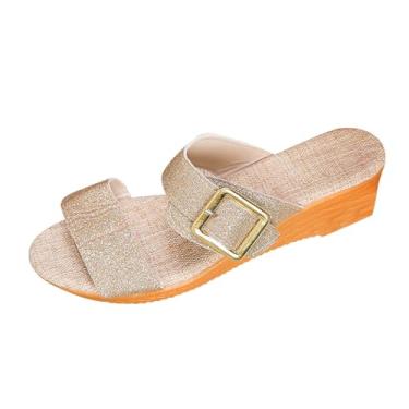Imagem de Sandálias femininas casuais de praia com fivela com glitter e salto plataforma plus size primavera verão moda confortável, Dourado, 39