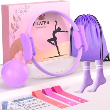Imagem de Consripie Conjunto de anel de Pilates para presente de 38 cm círculo mágico premium antideformação, 3 faixas de resistência, bola de ioga e meias antiderrapantes | Kit de treino doméstico elegante