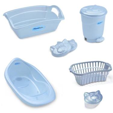 Imagem de Kit banho bebe banheira + cesto lixeira saboneteira e outros azul pero