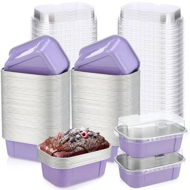 Imagem de Vesici 100 conjuntos de mini formas de pão com tampas, copos descartáveis de folha de alumínio de 162 g, formas de bolo retangulares para pudim, sobremesas, armazenamento de muffins, festa de