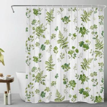Imagem de NEONWE Cortina de chuveiro de folha verde, cortinas de chuveiro de poliéster vintage cinza para banheiro, decoração de banho de tecido impermeável minimalista moderno com ganchos de plástico, 152 cm L
