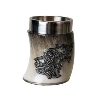 Imagem de Pacific Giftware Copo de shot de lobo viking medieval com inserção de aço inoxidável removível, design nórdico esculpido, resina ombré cinza, decoração de mitologia nórdica, utensílios de bebida