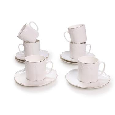 Imagem de GuangYang Copos e pires de café expresso de porcelana fina de 85 g, branco em relevo com acabamento dourado, conjunto de xícaras Demitasse para Espresso, Double Expresso, Macchiato, porções de café