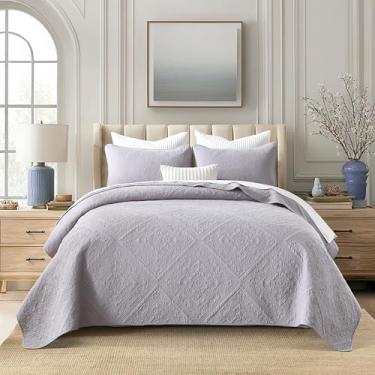 Imagem de AJOCCI Conjunto de edredom queen de algodão cinza, conjunto de edredom geométrico, colcha de algodão macio, cor sólida, leve, para todas as estações, 3 peças
