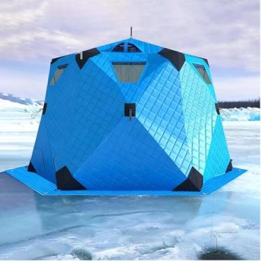 Imagem de Barraca de abrigo portátil para pesca no gelo para 6 a 10 pessoas - barraca hexagonal isolada à prova de vento com tomada de fogão e piso, 260 x 260 x 170 cm, design pop-up cinza.