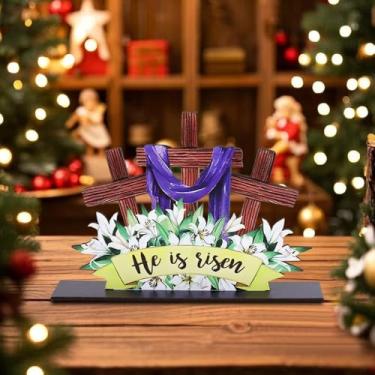 Imagem de Placa decorativa de flor de lírio de cordeiro com cruz religiosa com base à prova de deslizamento, mesa de presépio de fazenda, decoração de mesa de centro de mesa, enfeite para presentes para Páscoa