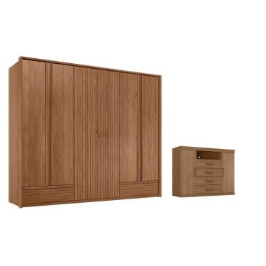 Imagem de Guarda Roupa + Cômoda Casal QC527 6 Portas de Bater 5 Gavetas MDF e MDP com Cabideiro C...