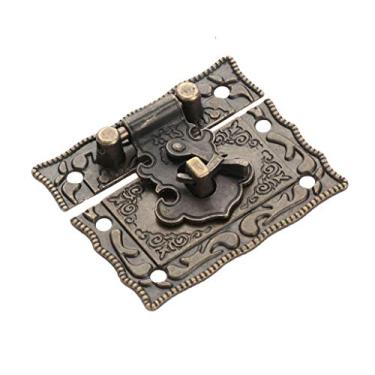 Imagem de FVJKNWTY Fechadura de cadeado bronze antigo joias caixa de madeira fecho ferrolho + 2 peças dobradiça armário mala móveis vintage ferragens decorativas