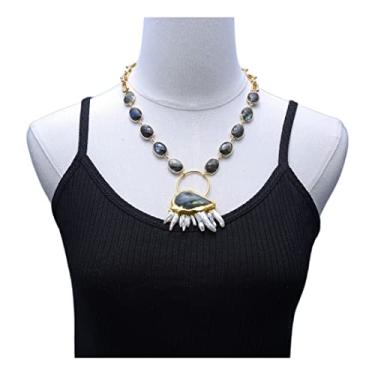 Imagem de Joias de 45,7 cm de lágrima labradorita conjunto de bisel colar de estação azul labradoritas branco Biwa pingente de pérola para mulheres