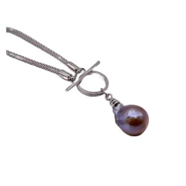 Imagem de Colar de declaração Colar de corda barroca. Pingente de pérola esférica de chama. Design de fivela OT. Colar em prata esterlina. Colar de pérolas feminino, Purple-55cm, Ágata
