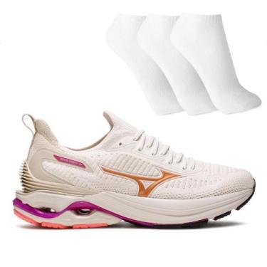 Imagem de Tênis Mizuno Wave Mirai 7 Feminino + 3 Pares de Meias, Bege, Rosa, 34