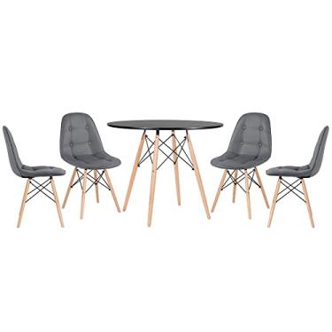 Imagem de Loft7, Kit Mesa Eames 90 cm Preto + 4 Cadeiras Eiffel Botonê, PU sintético, Aço e Madeira, Escritório, Sala de Estar e Sala de Jantar - Cinza Escuro