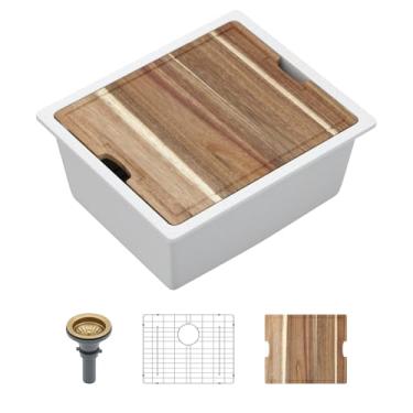 Imagem de Pia de barra branca de 53 cm x 45,7 cm, minibar, compósito de granito de quartzo branco, pias de cozinha, trailer, tigela única, bacia externa com tábua de corte