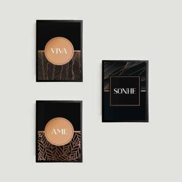 Imagem de Kit 3 Quadros Viva, Sonhe, Ame Rosê Com Preto 45X34 Preta